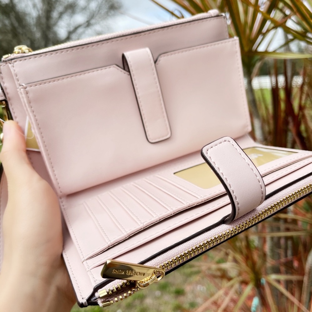 Michael Kors Jet Set Double Zip Phone Wristlet Brown Signature MK Powder Blush - Picture 2 of 4